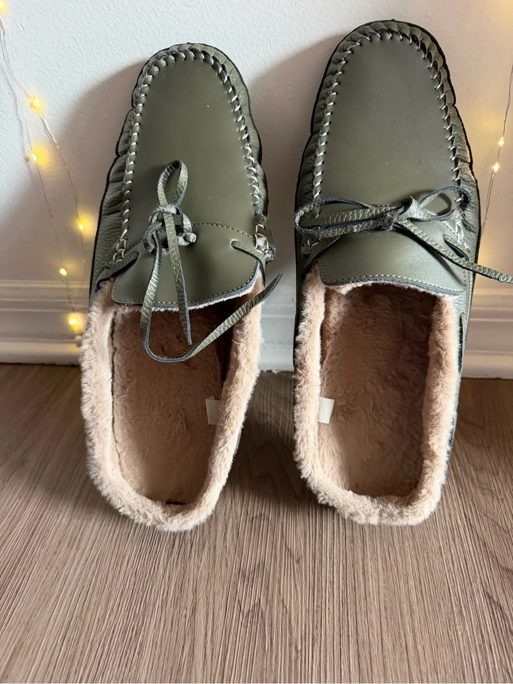 Men's Olive Green Faux-Fur Lined Slip-On Moccasins